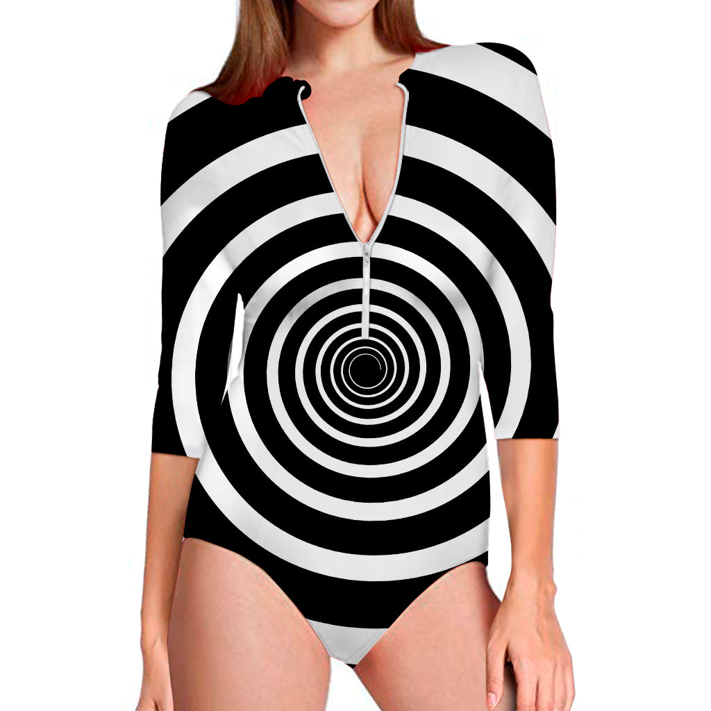 Black And White Circle Swirl Print Long Sleeve Swimsuit