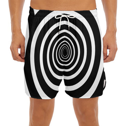 Black And White Circle Swirl Print Men's Split Running Shorts