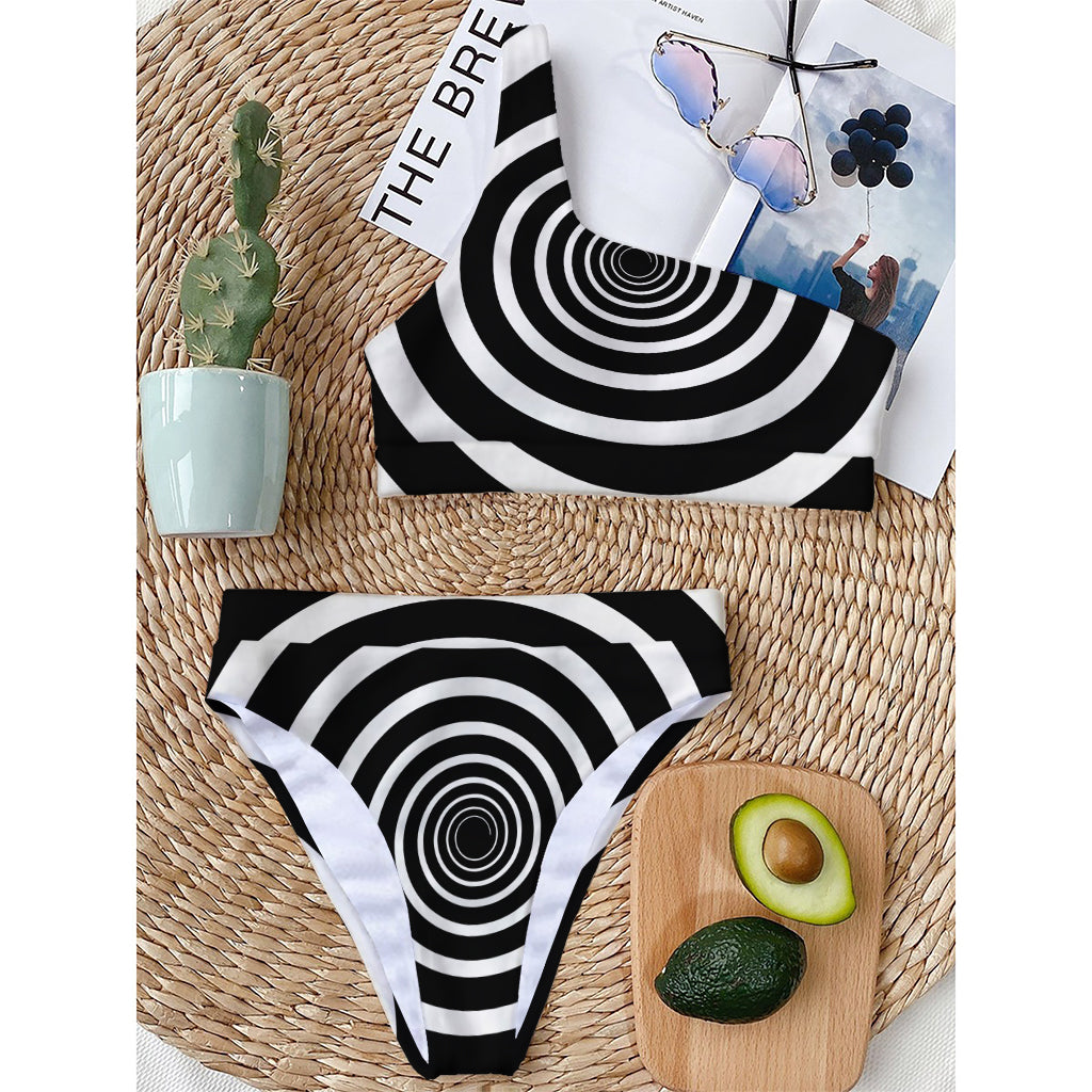 Black And White Circle Swirl Print One Shoulder Bikini Top