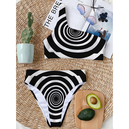 Black And White Circle Swirl Print One Shoulder Bikini Top