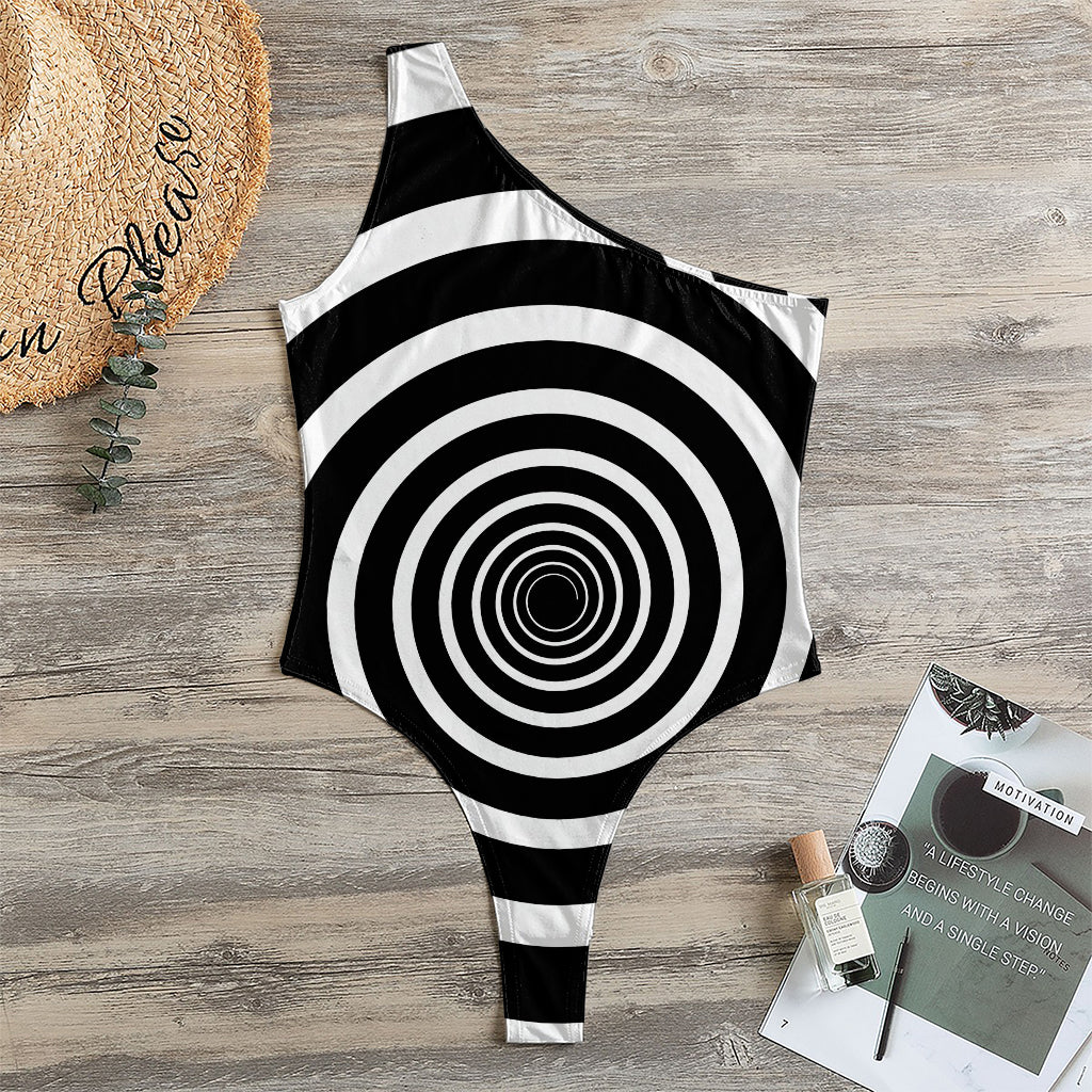 Black And White Circle Swirl Print One Shoulder Bodysuit