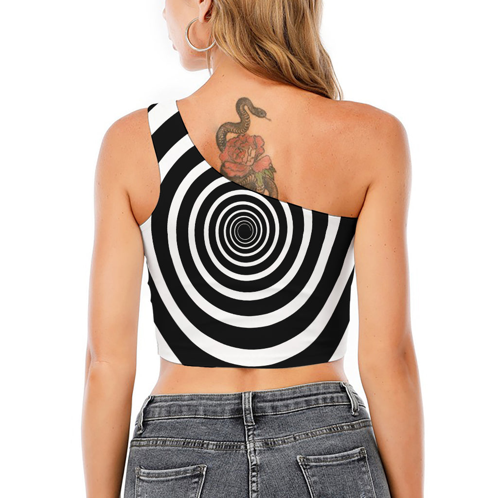 Black And White Circle Swirl Print One Shoulder Crop Top
