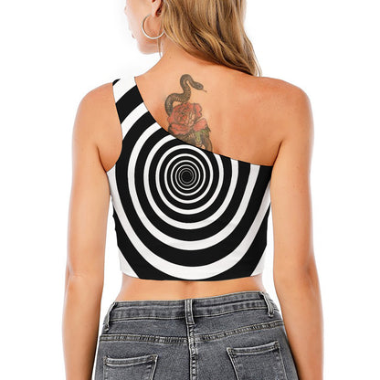Black And White Circle Swirl Print One Shoulder Crop Top