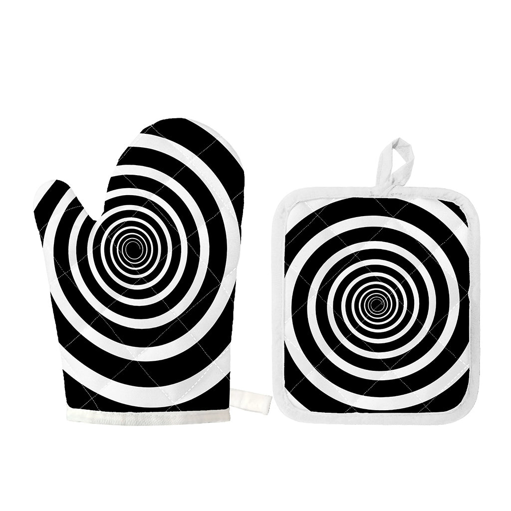 Black And White Circle Swirl Print Oven Mitt And Pot Holder Set