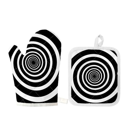 Black And White Circle Swirl Print Oven Mitt And Pot Holder Set