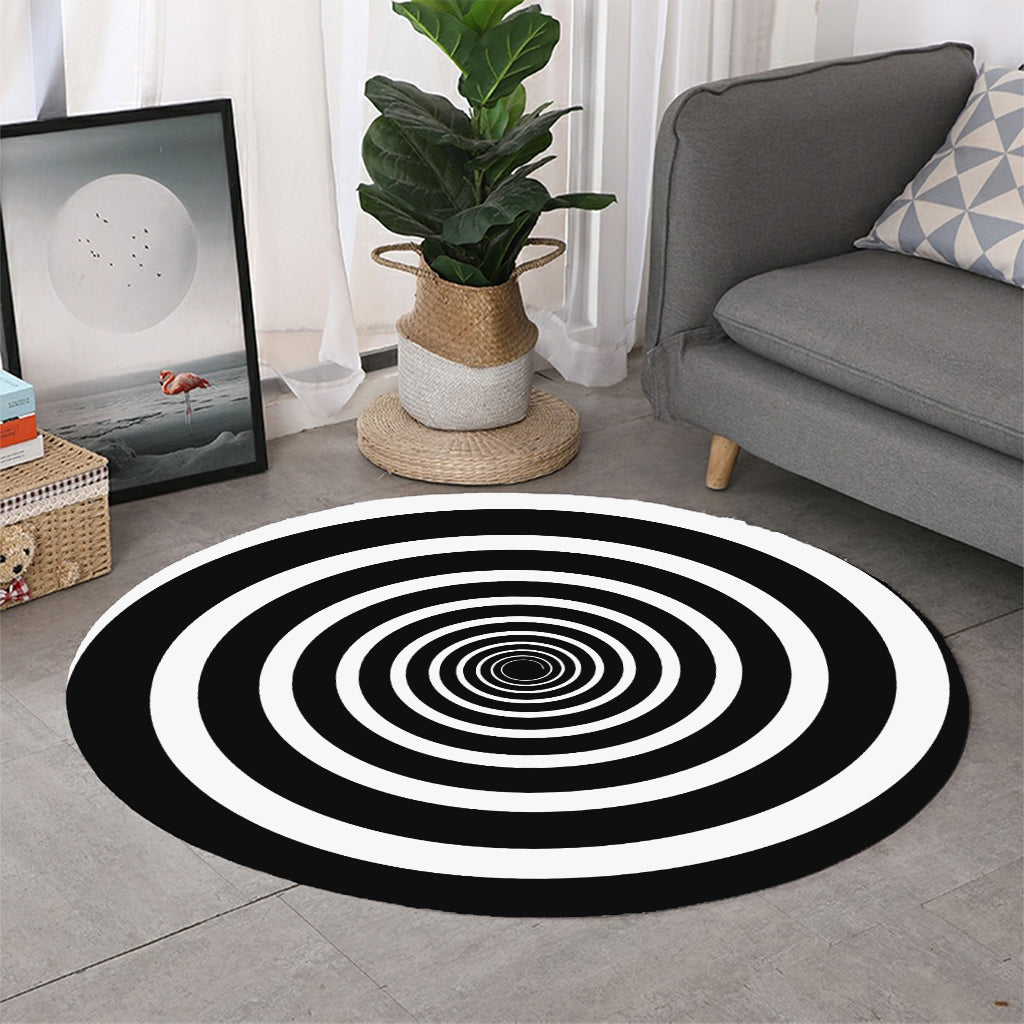 Black And White Circle Swirl Print Round Rug