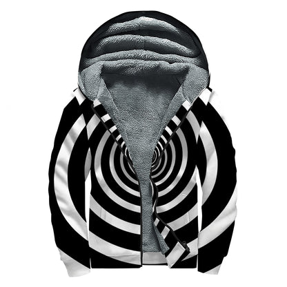 Black And White Circle Swirl Print Sherpa Lined Zip Up Hoodie