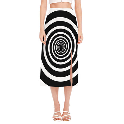 Black And White Circle Swirl Print Side Slit Midi Skirt