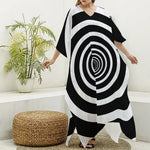 Black And White Circle Swirl Print Silk V-Neck Kaftan Dress