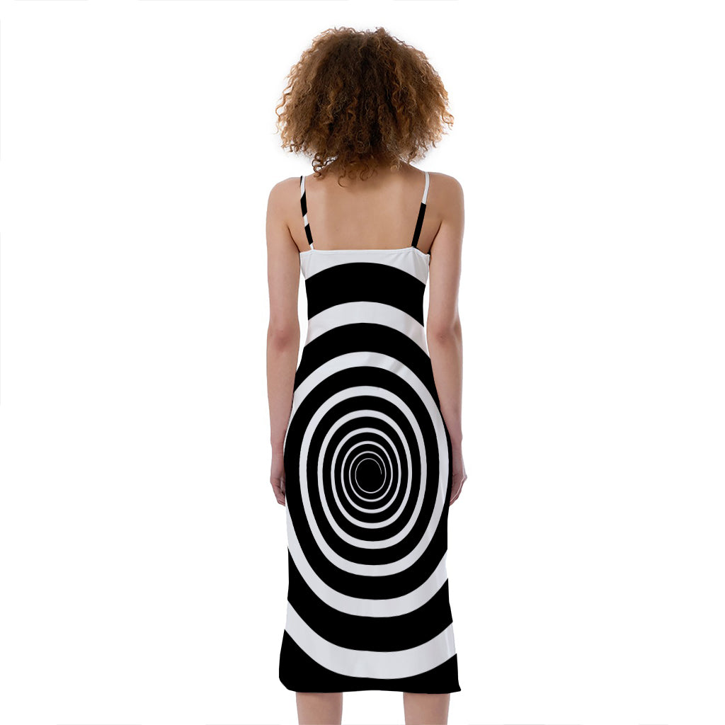 Black And White Circle Swirl Print Slim Fit Midi Cami Dress