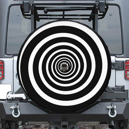 Black And White Circle Swirl Print Tire Cover With Camera Hole
