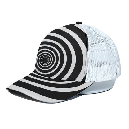 Black And White Circle Swirl Print White Mesh Trucker Cap