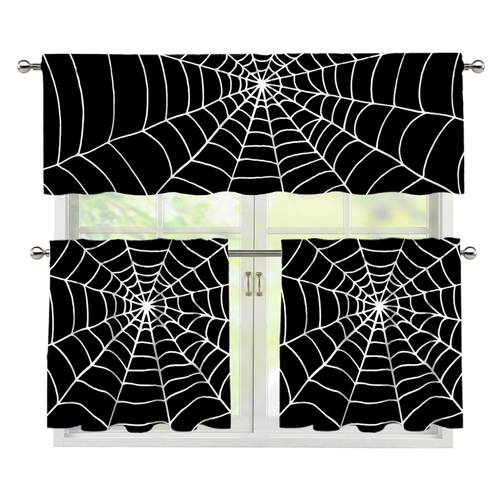 Black And White Cobweb Print 3 Piece Kitchen Curtains