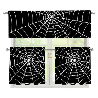 Black And White Cobweb Print 3 Piece Kitchen Curtains