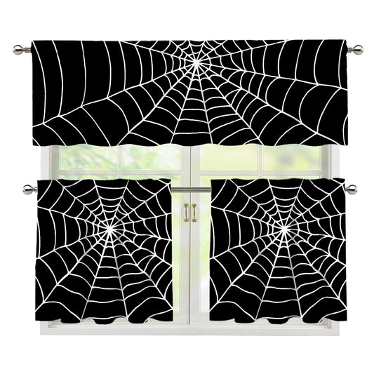 Black And White Cobweb Print 3 Piece Kitchen Curtains