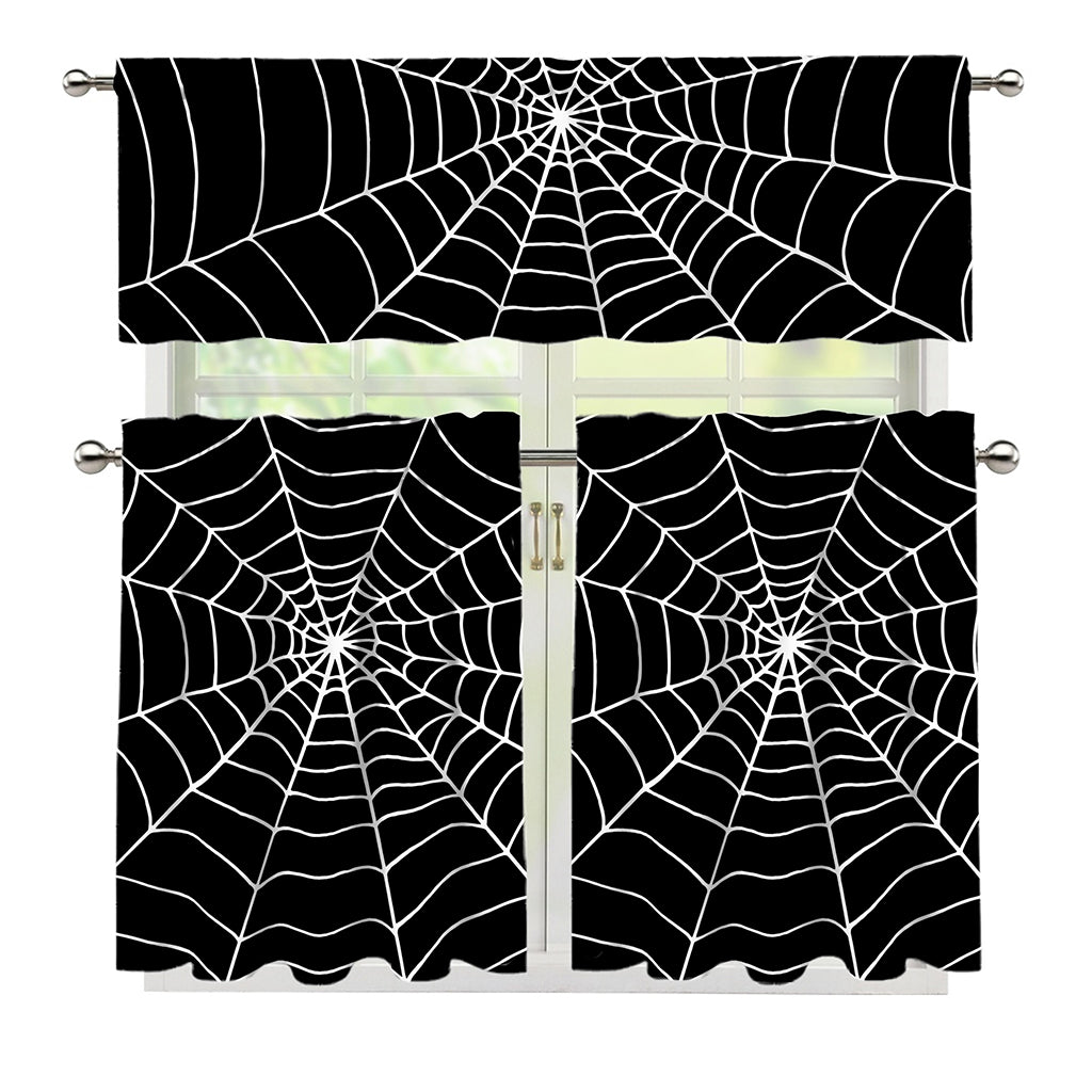Black And White Cobweb Print 3 Piece Kitchen Curtains