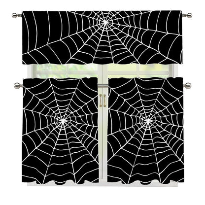 Black And White Cobweb Print 3 Piece Kitchen Curtains
