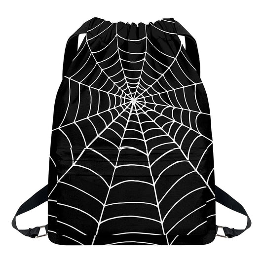 Black And White Cobweb Print Drawstring Backpack