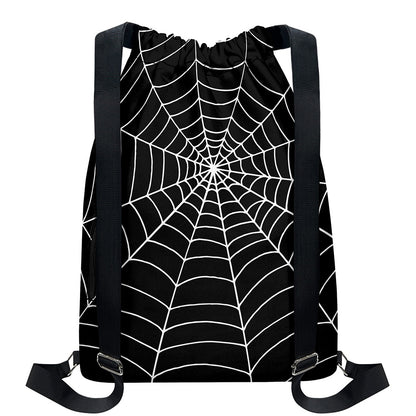 Black And White Cobweb Print Drawstring Backpack