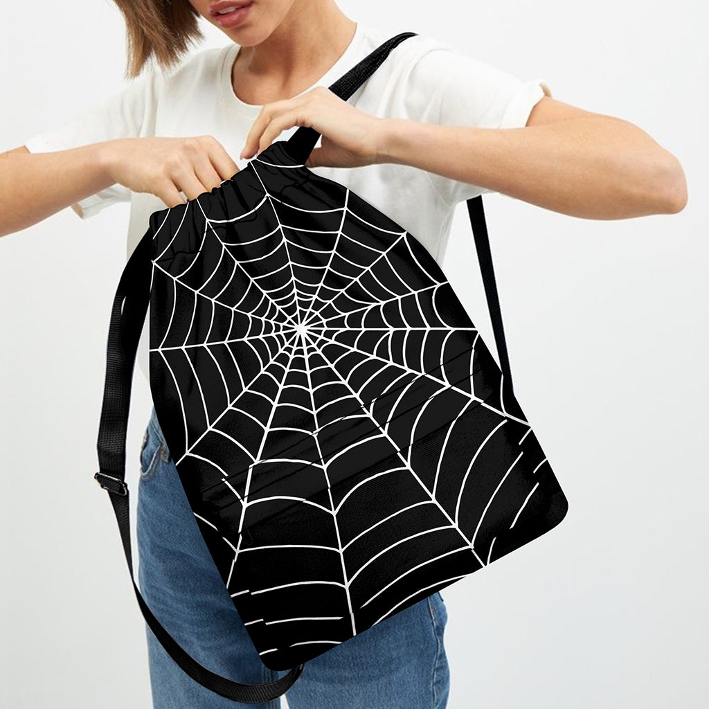 Black And White Cobweb Print Drawstring Backpack