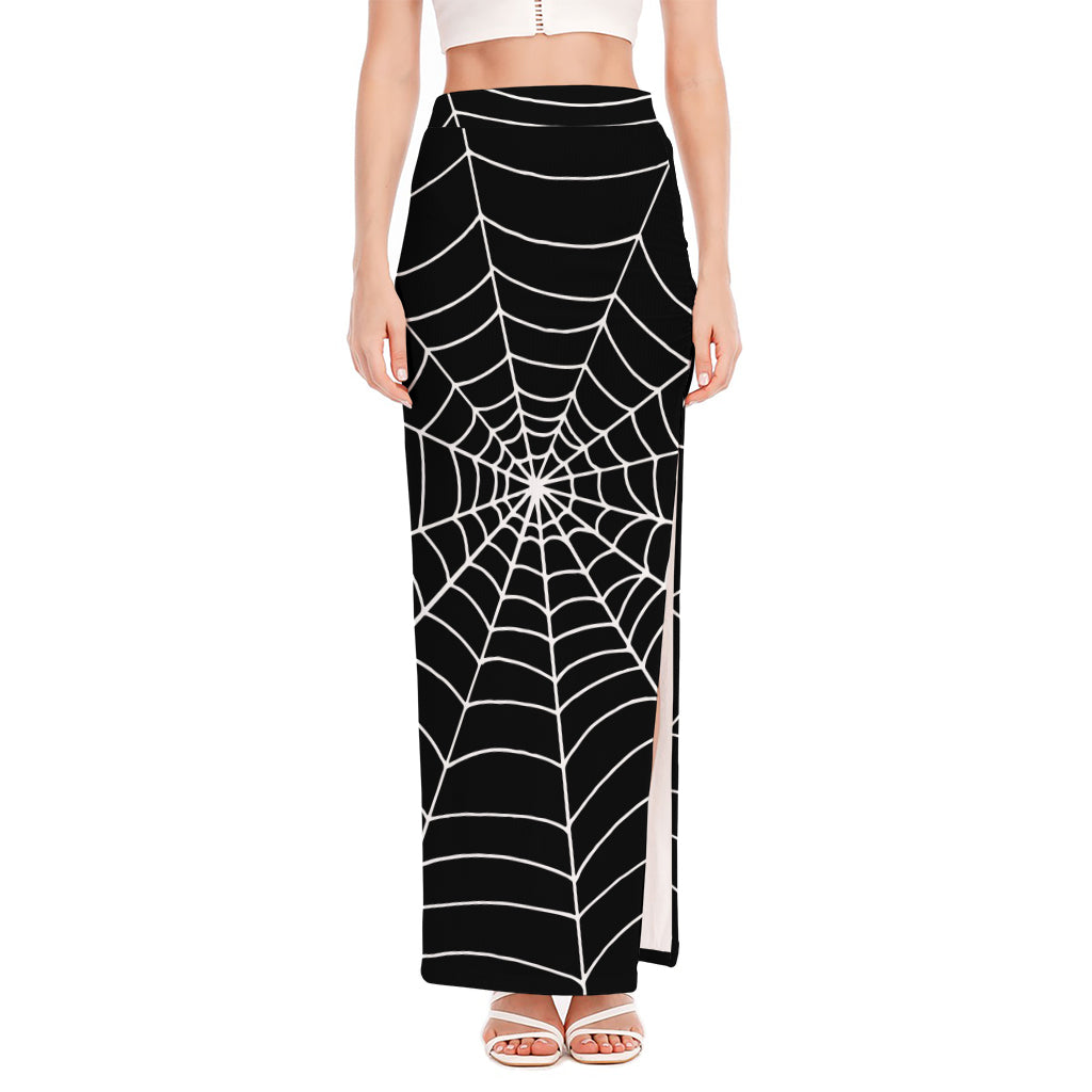 Black And White Cobweb Print High Slit Maxi Skirt