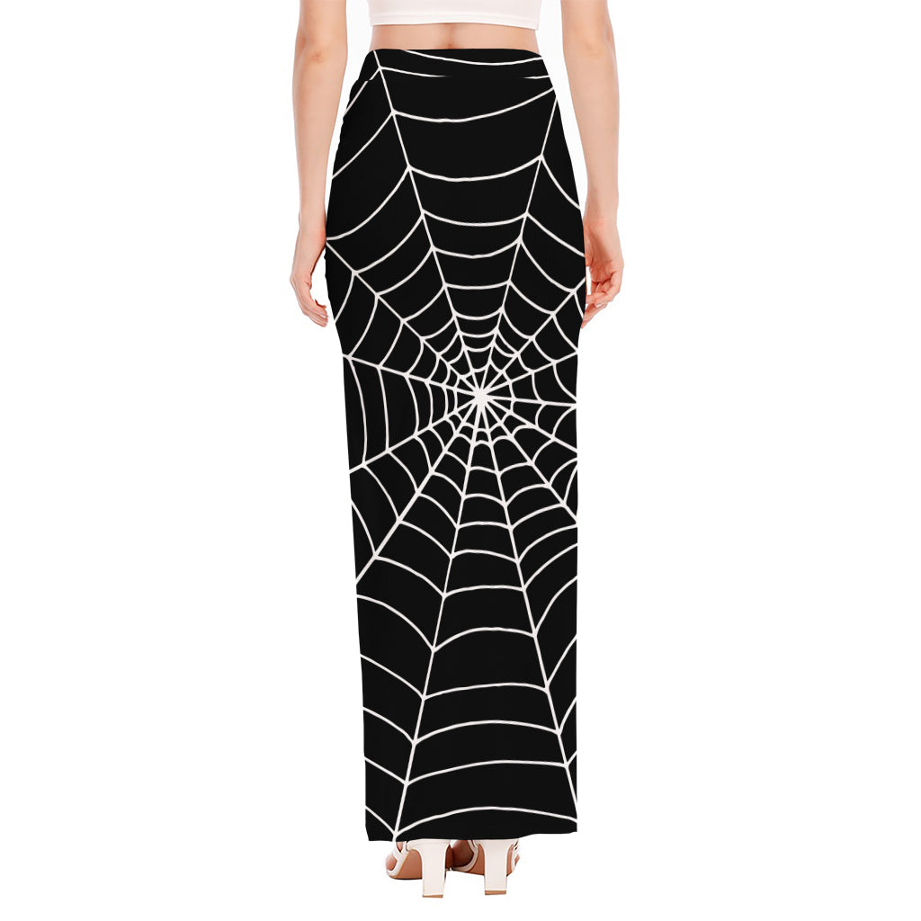 Black And White Cobweb Print High Slit Maxi Skirt