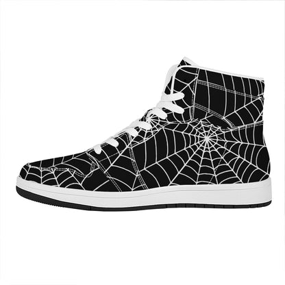 Black And White Cobweb Print High Top Leather Sneakers
