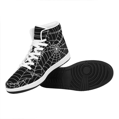 Black And White Cobweb Print High Top Leather Sneakers