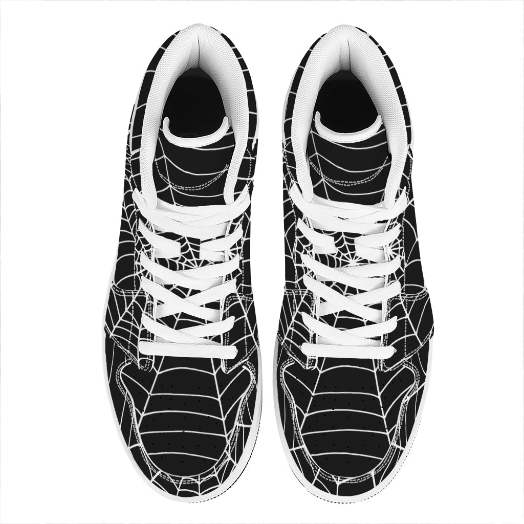 Black And White Cobweb Print High Top Leather Sneakers