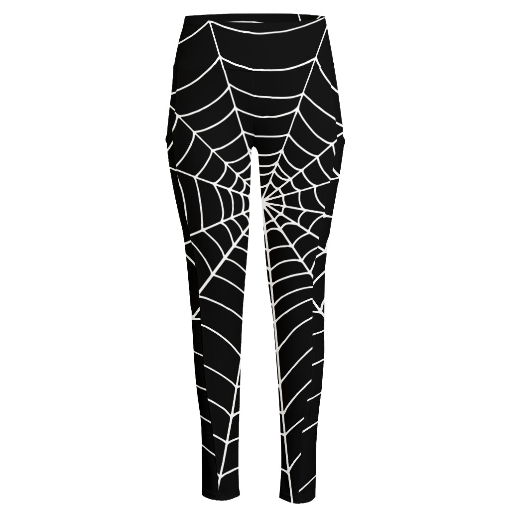 Black And White Cobweb Print High-Waisted Pocket Leggings