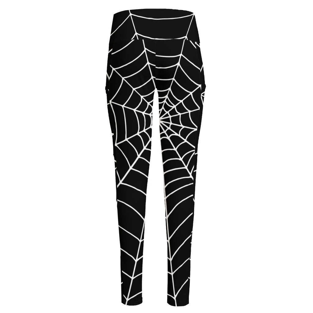 Black And White Cobweb Print High-Waisted Pocket Leggings