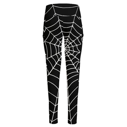 Black And White Cobweb Print High-Waisted Pocket Leggings