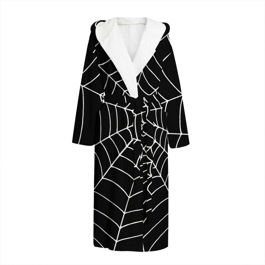 Black And White Cobweb Print Hooded Bathrobe