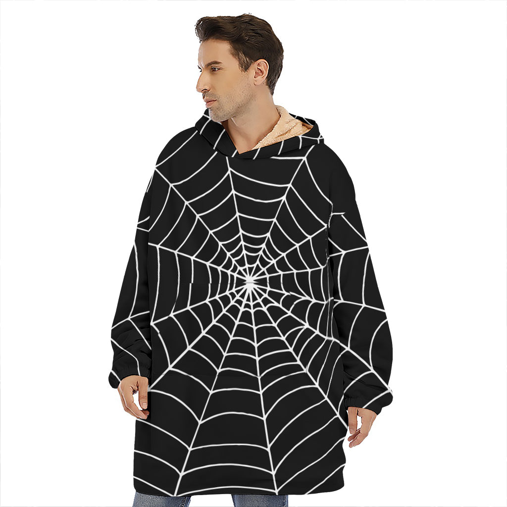 Black And White Cobweb Print Hoodie Blanket