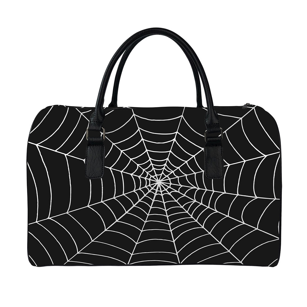 Black And White Cobweb Print Leather Duffle Bag