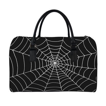 Black And White Cobweb Print Leather Duffle Bag