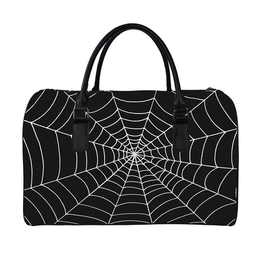 Black And White Cobweb Print Leather Duffle Bag