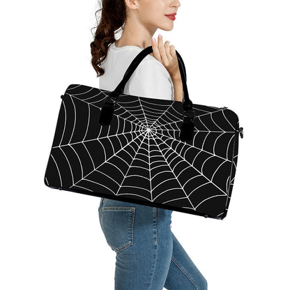 Black And White Cobweb Print Leather Duffle Bag