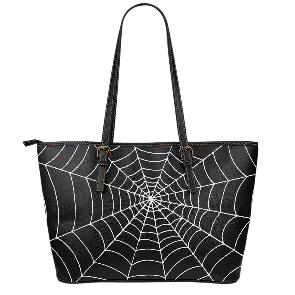 Black And White Cobweb Print Leather Tote Bag