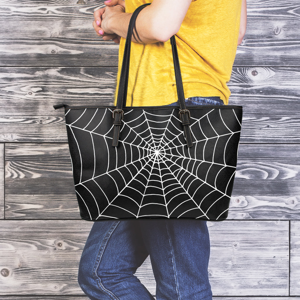 Black And White Cobweb Print Leather Tote Bag