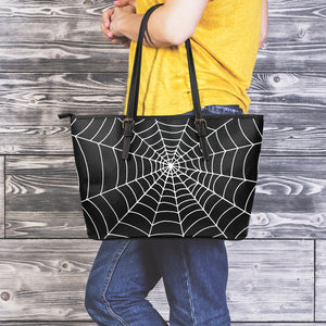 Black And White Cobweb Print Leather Tote Bag