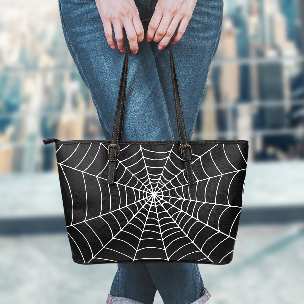 Black And White Cobweb Print Leather Tote Bag