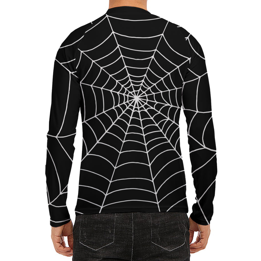 Black And White Cobweb Print Men's Long Sleeve Rash Guard