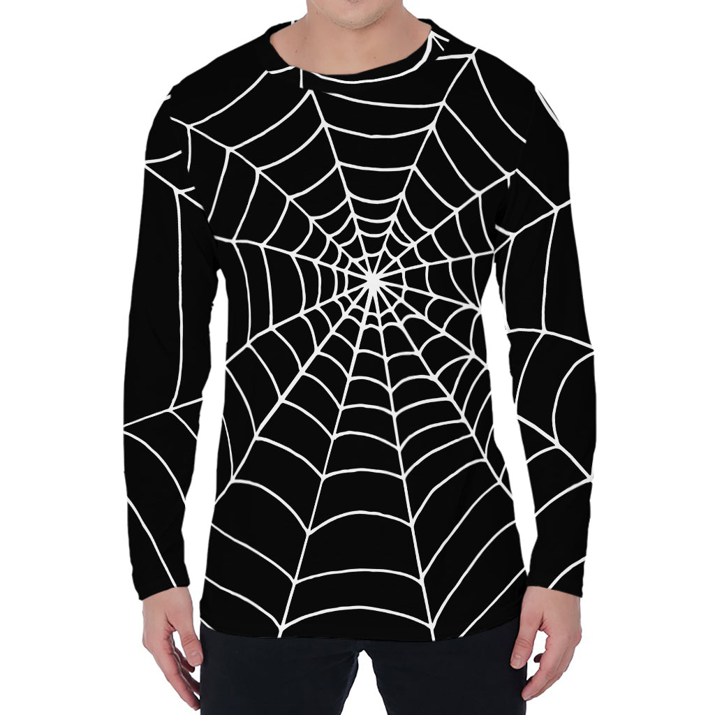 Black And White Cobweb Print Men's Long Sleeve T-Shirt