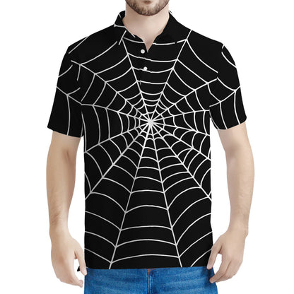 Black And White Cobweb Print Men's Polo Shirt