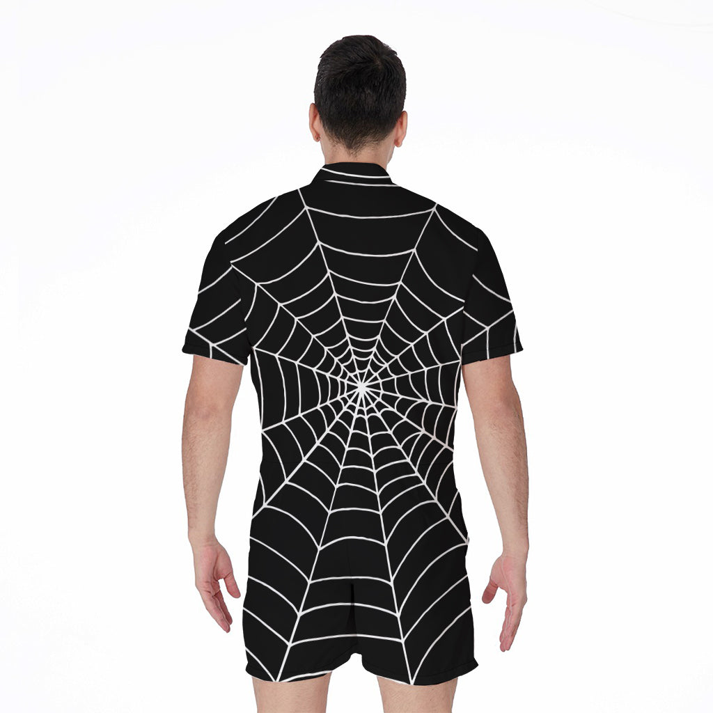 Black And White Cobweb Print Men's Rompers