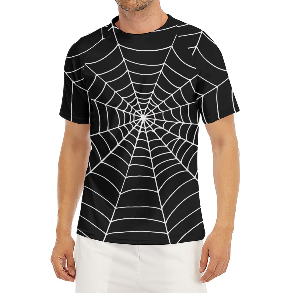 Black And White Cobweb Print Men's Short Sleeve Rash Guard