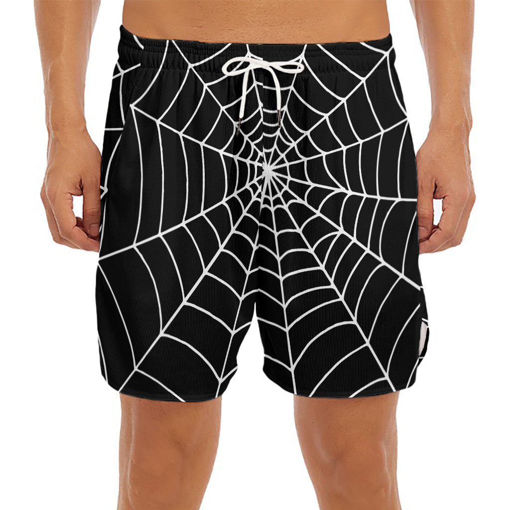 Black And White Cobweb Print Men's Split Running Shorts