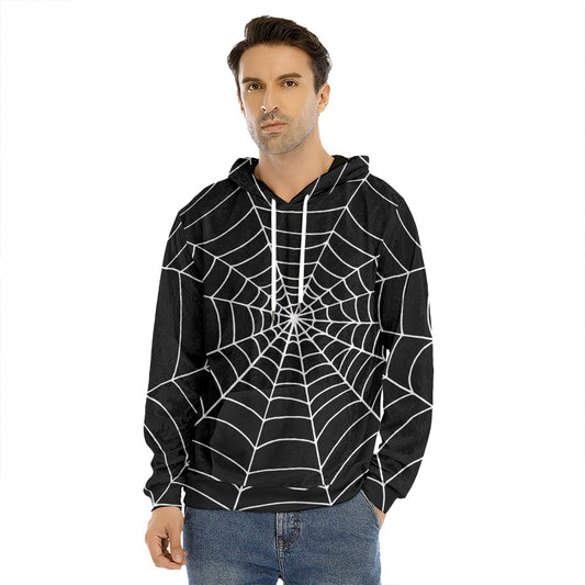 Black And White Cobweb Print Men's Velvet Pullover Hoodie
