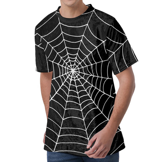 Black And White Cobweb Print Men's Velvet T-Shirt